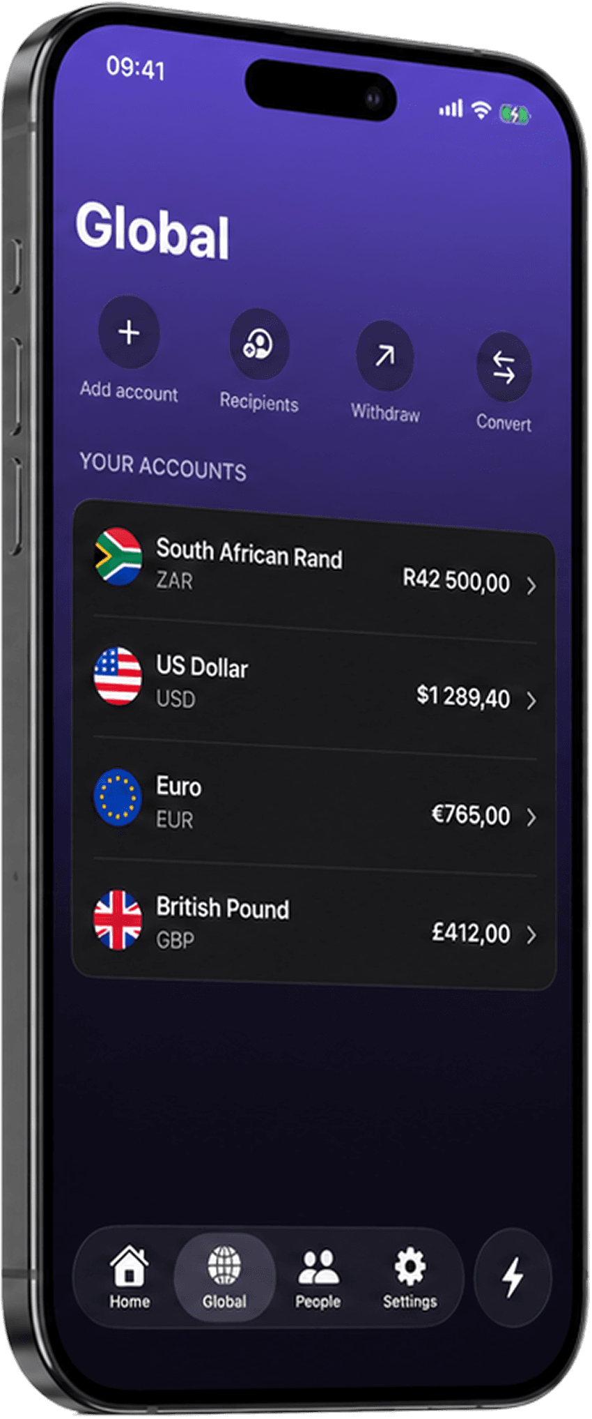 Zap app showing multi-currency accounts in rand, dollars, euros and pounds